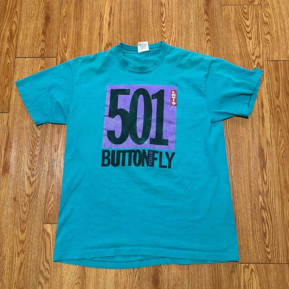 Levi's Men's Button Your Fly 501 Shirt Large Vintage 90s Teal Comedy